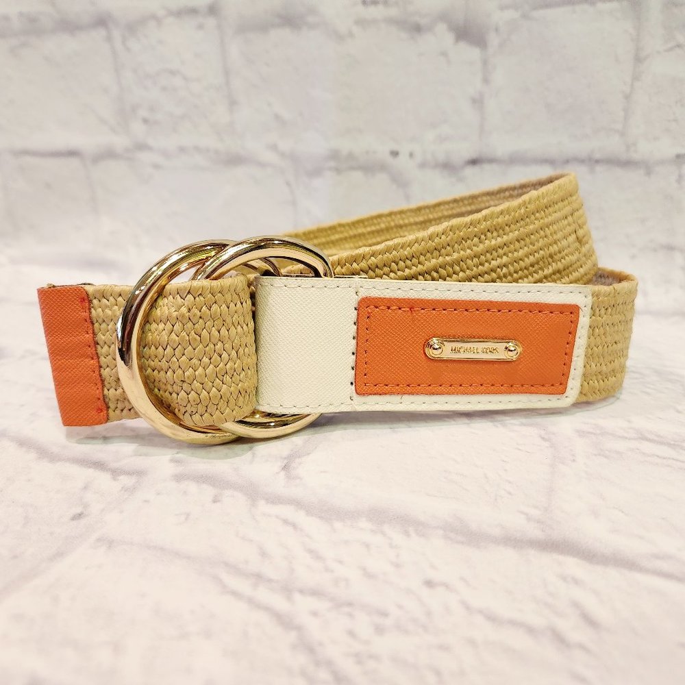 MICHAEL KORS White Orange Leather Stretch Poly stretch 1.5” D-ring Belt Small